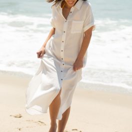Gauze Short Sleeve Button Down Maxi Shirt Dress / Ivory