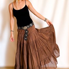 Drawstring Tiered Full Maxi Skirt / Brown