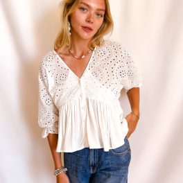 Eyelet Top Detail Button Up Blouse / White