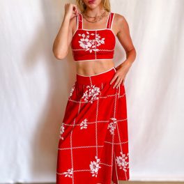 Vintage Cloth Wrap Midi Skirt / Red