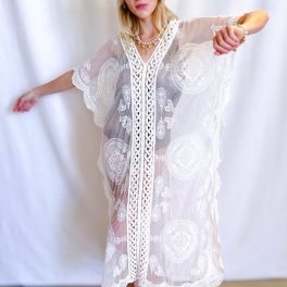 Embroidered Lace Closed Kaftan Cover Up / White