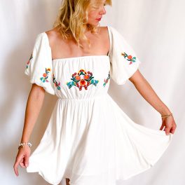 Rosali Embroidered Off Shoulder Short Dress / Ivory
