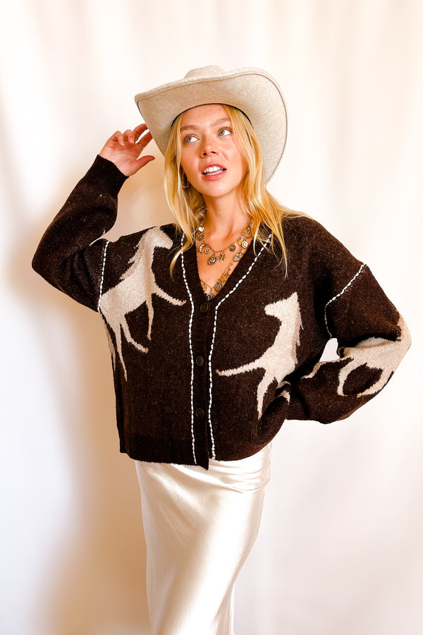 Equestrian Stitch Detail Cardigan Sweater / Brown - Image 2