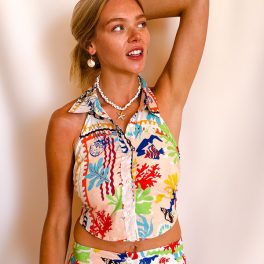Aquatic Print Sash Back Tie Top / Ivory