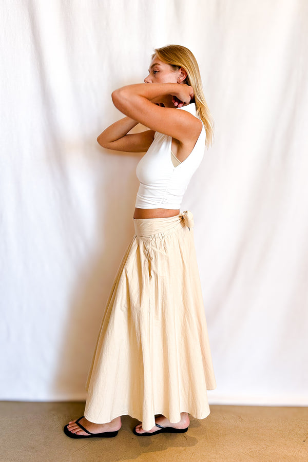 Tie Back Full Poplin Skirt / Beige - Image 3