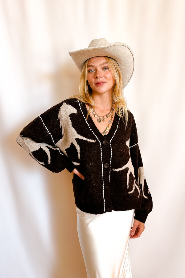 Equestrian Stitch Detail Cardigan Sweater / Brown - Image 5