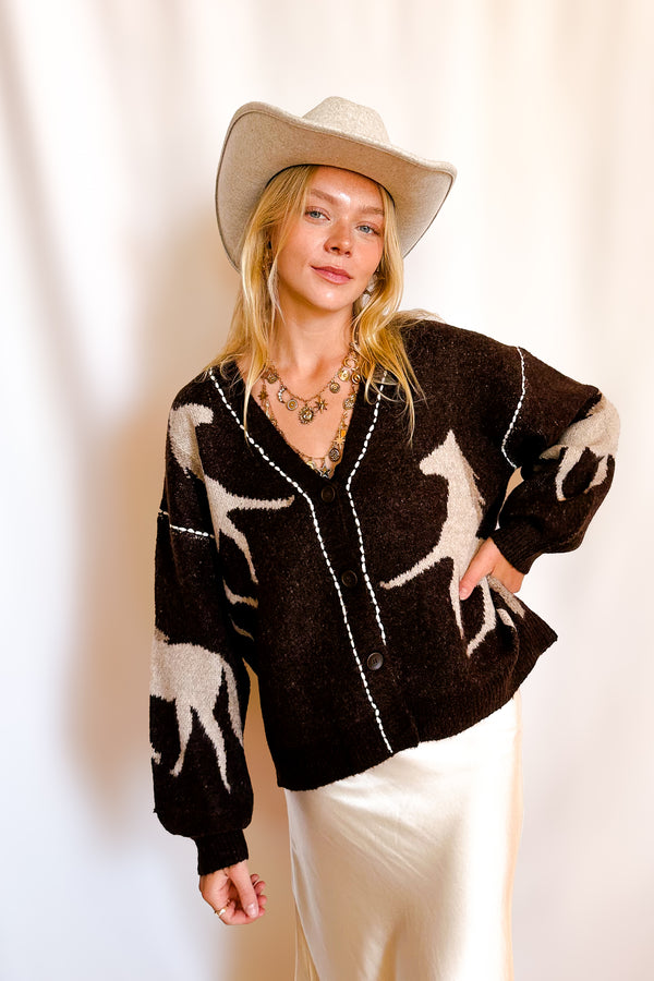 Equestrian Stitch Detail Cardigan Sweater / Brown - Image 6