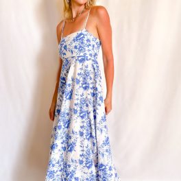 Bright Blue Floral Fit Bust A-Line Cami Maxi Dress / White