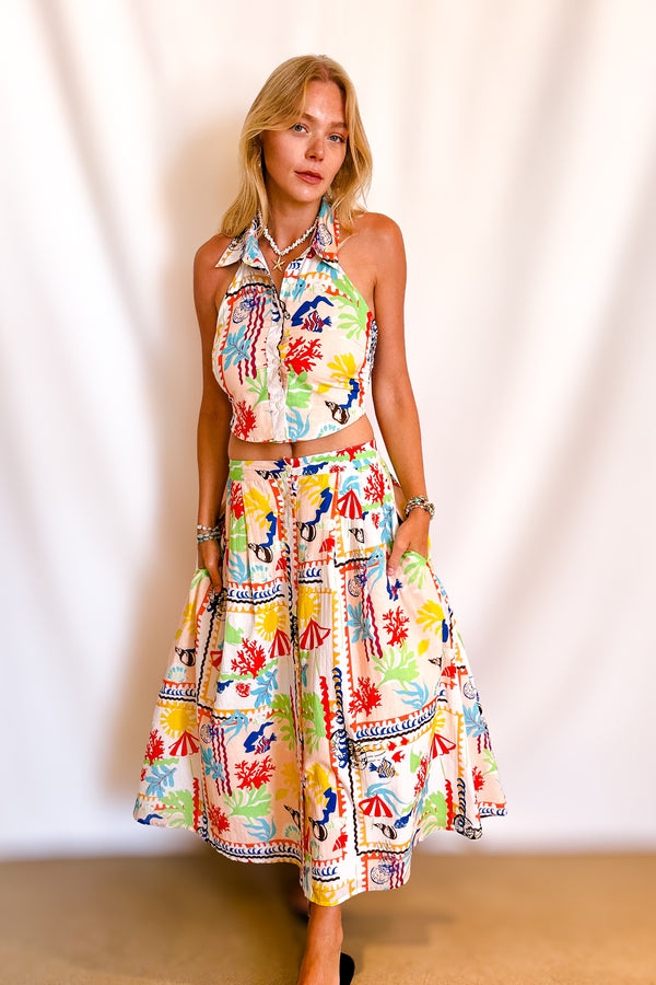 Aquatic Print Maxi Skirt / Ivory