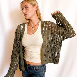 Crochet Waist Length Open Cardigan / Olive