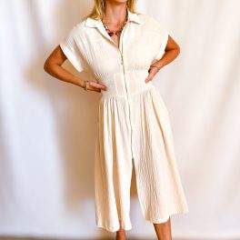 Cotton Sleeveless Kimono Zip Up Midi dress / Beige