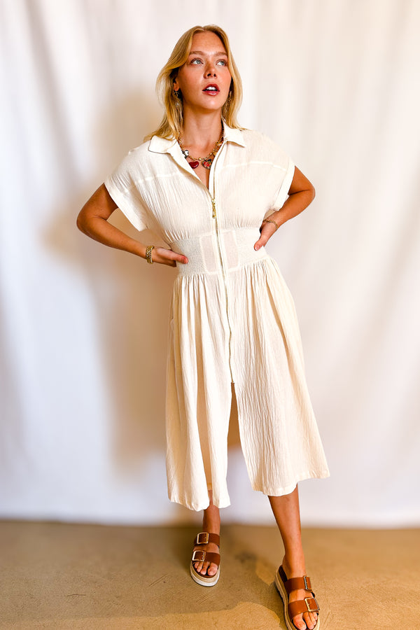 Cotton Sleeveless Kimono Zip Up Midi dress / Beige