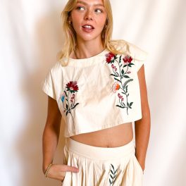 Embroidered Boxy Crop Sleeveless Top / Beige