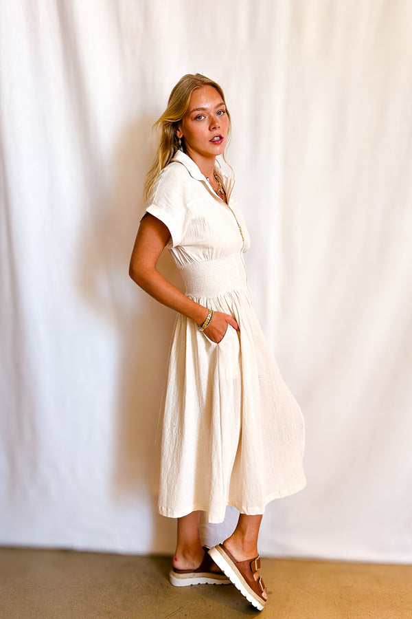 Cotton Sleeveless Kimono Zip Up Midi dress / Beige - Image 5