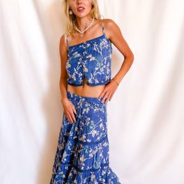 Beige Twig Floral Maxi Skirt / Blue