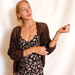 Crochet Waist Length Open Cardigan / Brown