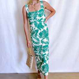 Linen Brush Palm Tank Maxi Dress / Green