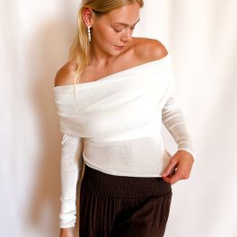 Knit Fold Down Off Shoulder Knit Long Sleeve Top / Ivory