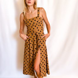 Polka Dot Linen Belted Tank Dress / Brown