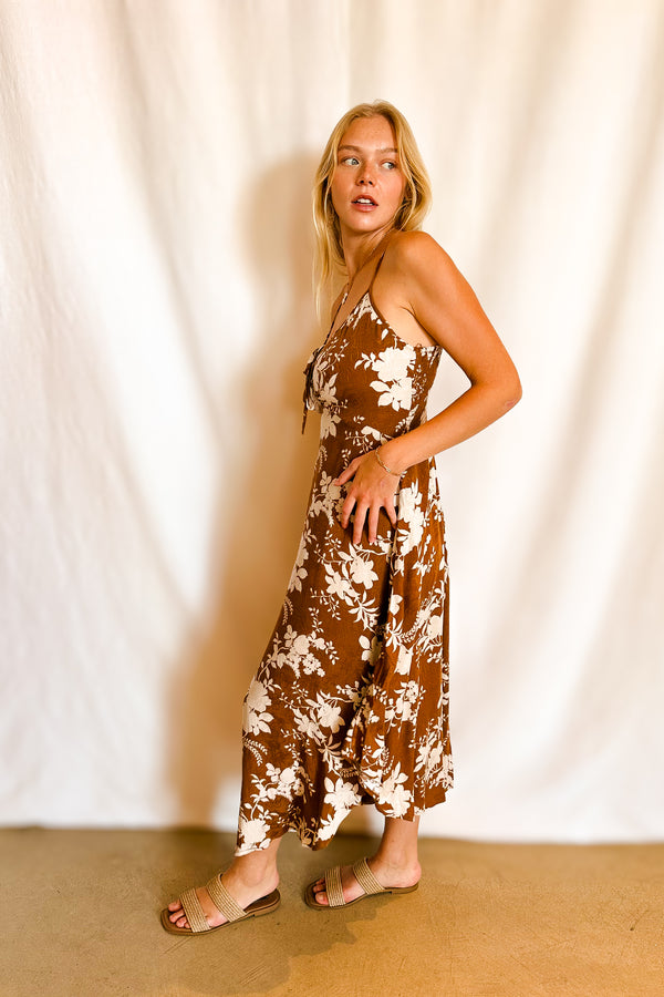 Jacquard Floral Cami Tulip Hem Dress / Camel - Image 2