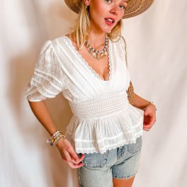 Eyelet Stretch Waist Peplum Short Sleeve Top / Ivory